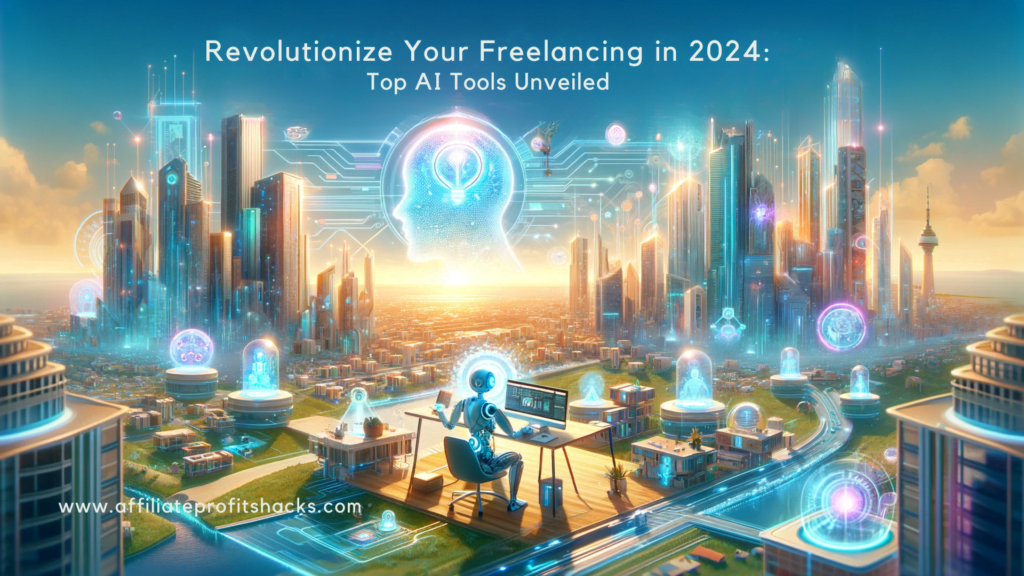 Futuristic cityscape representing AI in freelancing, with modern buildings, digital AI elements, and a freelancer's high-tech workspace.