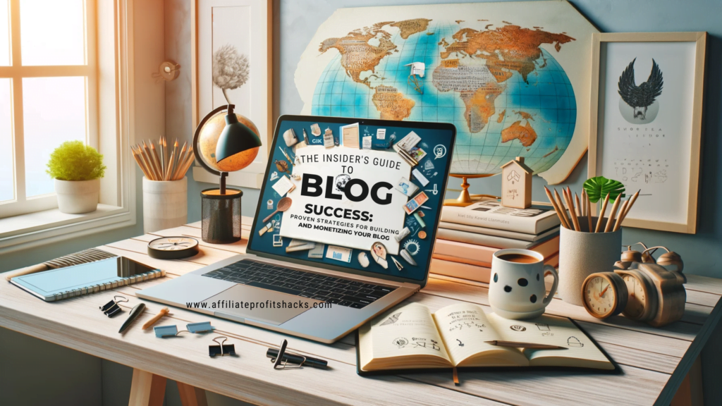 Home office setting representing 'The Insider's Guide to Blog Success' with elements symbolizing blogging, digital content creation, and global connectivity