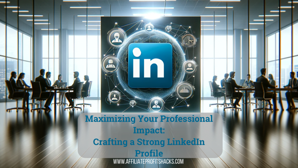 Modern office setting highlighting the article title 'Maximizing Your Professional Impact: Crafting a Strong LinkedIn Profile' with LinkedIn logo in the background.