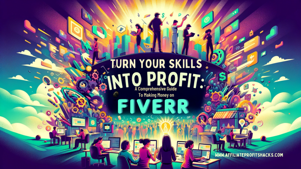 The image is a vibrant and colorful representation of various individuals engaged in different activities symbolizing their skills in a digital marketplace, like graphic design, writing, and coding. Each person is depicted with a clear focus on their activity, conveying enjoyment and engagement in their work. The background features a dynamic and energetic digital marketplace, illustrating the lively online community of Fiverr. Dominating the image is the large, bold text "Turn Your Skills into Profit: A Comprehensive Guide to Making Money on Fiverr," prominently displayed at the center. The text is easily readable and stands out strikingly against the lively, colorful backdrop, making it the focal point of the image.