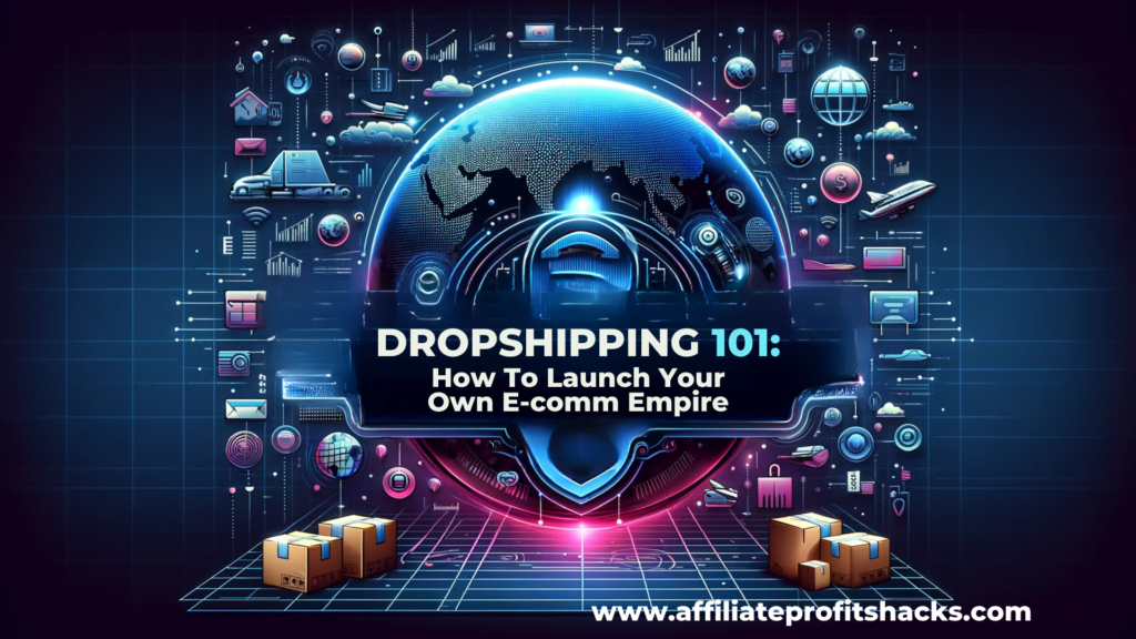 "Promotional image for 'Dropshipping 101: How to Launch Your Own E-commerce Empire' with title text and symbols of global e-commerce and entrepreneurship."