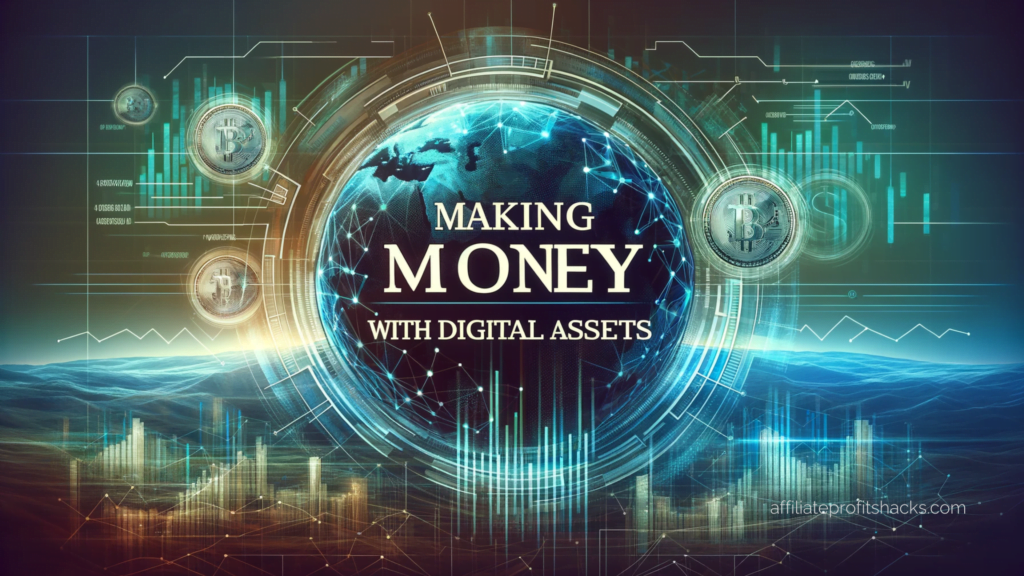 Prominent text 'Making Money with Digital Assets' set against a background symbolizing financial growth and success.