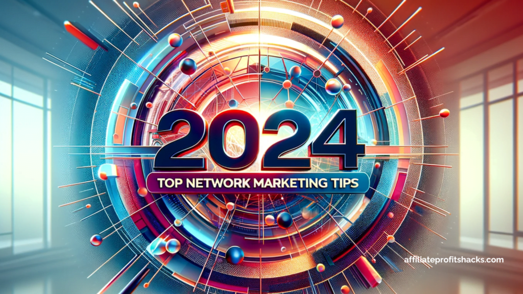 "Bold text '2024 Top Network Marketing Tips' against a vibrant, professional background, symbolizing innovation in network marketing."