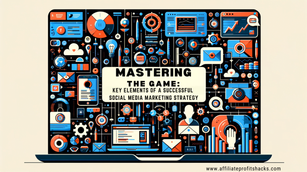 Simplified and vibrant representation of a successful social media marketing strategy, featuring the title 'Mastering the Game: Key Elements of a Successful Social Media Marketing Strategy'.