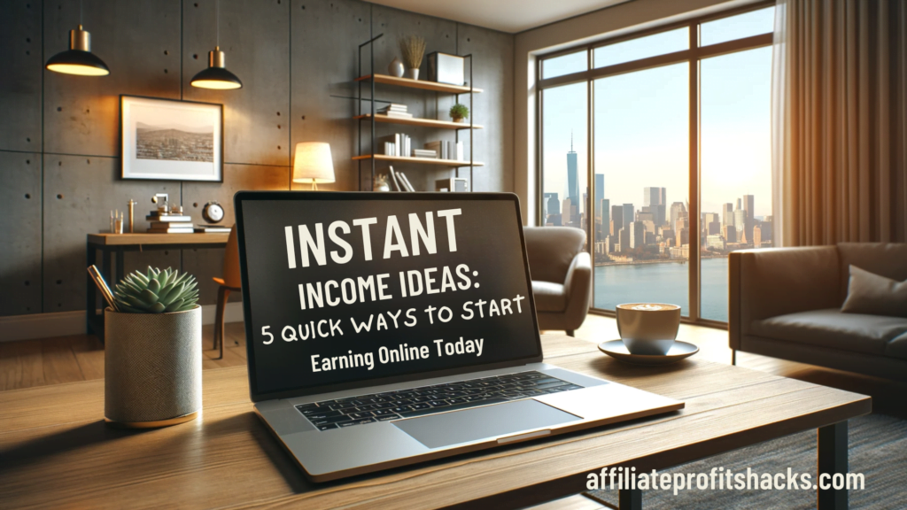 Modern home office showcasing 'Instant Income Ideas: 5 Quick Ways to Start Earning Online Today' on a laptop screen, symbolizing success in online business ventures.