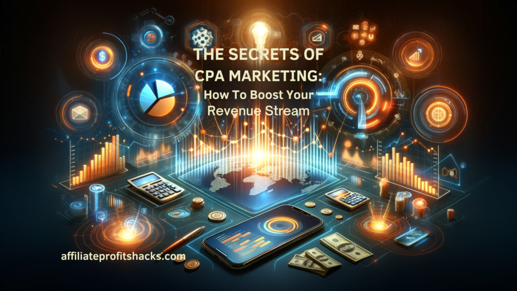 Dynamic digital landscape depicting CPA marketing concepts, including graphs, analytics, and financial symbols, titled 'The Secrets of CPA Marketing: How to Boost Your Revenue Stream'