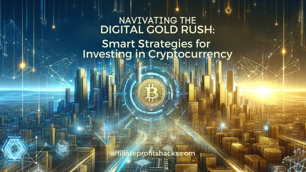 Futuristic cityscape and digital elements symbolizing cryptocurrency investment with the article title 'Navigating the Digital Gold Rush: Smart Strategies for Investing in Cryptocurrency'.