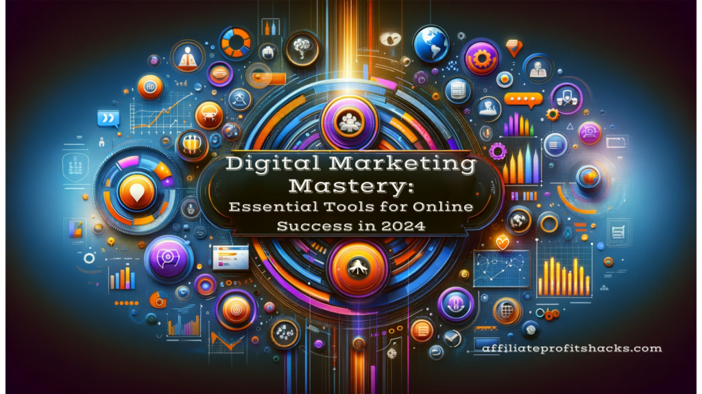 Promotional image for 'Digital Marketing Mastery: Essential Tools for Online Success in 2024' article, showcasing a collage of digital marketing elements like graphs, social media icons, and SEO symbols.