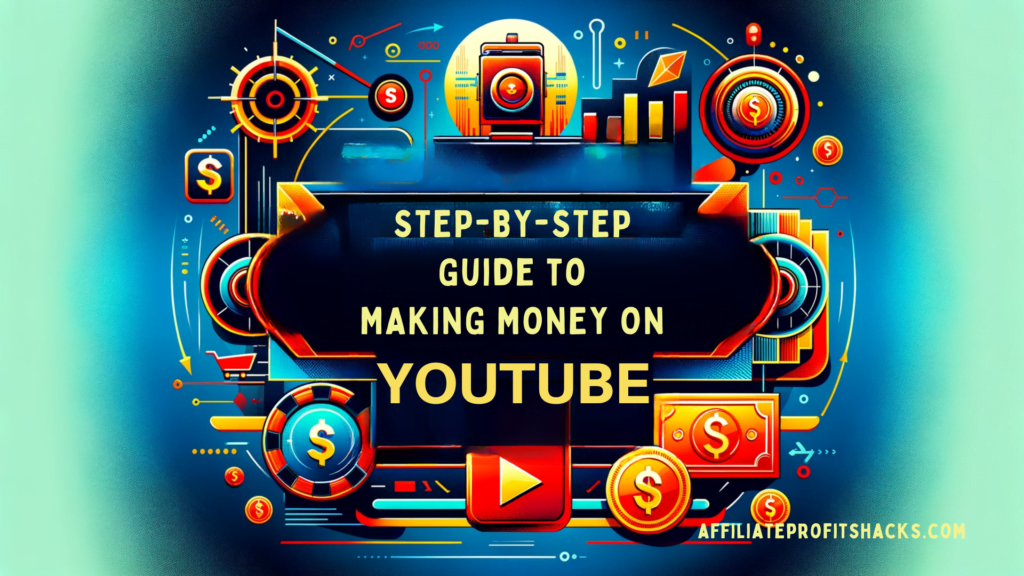 "Banner with the title 'Step-by-Step Guide to Making Money on YouTube' against a vibrant background showcasing a camera, YouTube play button, and currency symbols, symbolizing video creation and monetization."