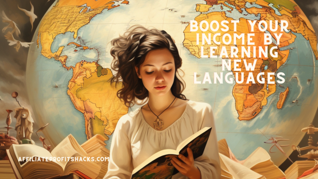 "A diverse group of professionals from different ethnicities in conversation against a global cityscape backdrop, symbolizing international business communication. The image visually represents the article's theme, highlighted by the title 'Boost Your Income by Learning New Languages' at the top."