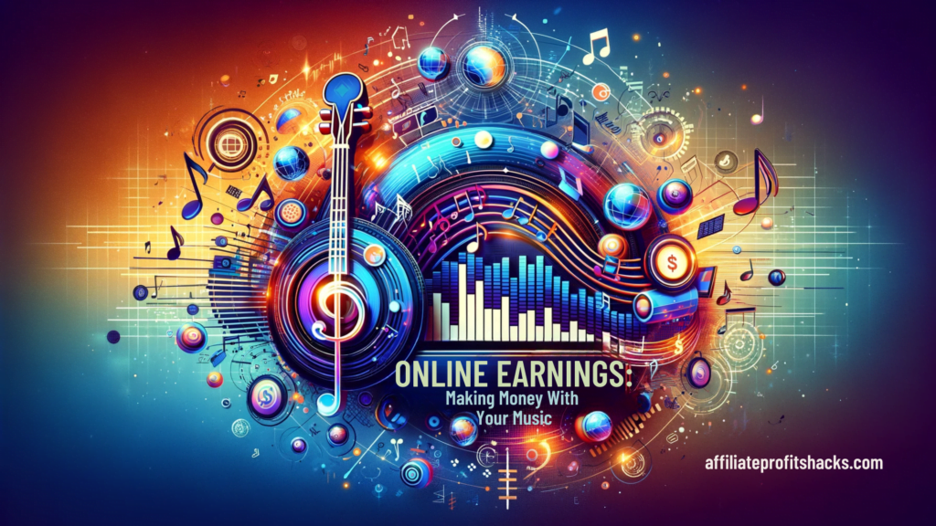"Engaging visual representation of 'Striking a Chord with Online Earnings: Making Money from Music', blending musical elements with digital themes."