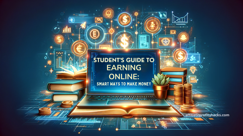 "Digital collage featuring laptops, books, and digital icons representing online earning opportunities for students, with the title 'Student's Guide to Earning Online: Smart Ways to Make Money' displayed prominently."