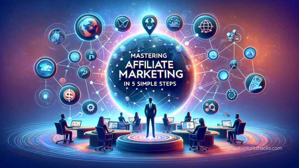 "Image depicting concepts of affiliate marketing, featuring the article title 'Mastering Affiliate Marketing in 5 Simple Steps'"