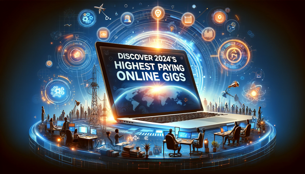 A vibrant image showcasing diverse individuals engaged in various online gigs, with the title 'Discover 2024's Highest Paying Online Gigs' prominently displayed.