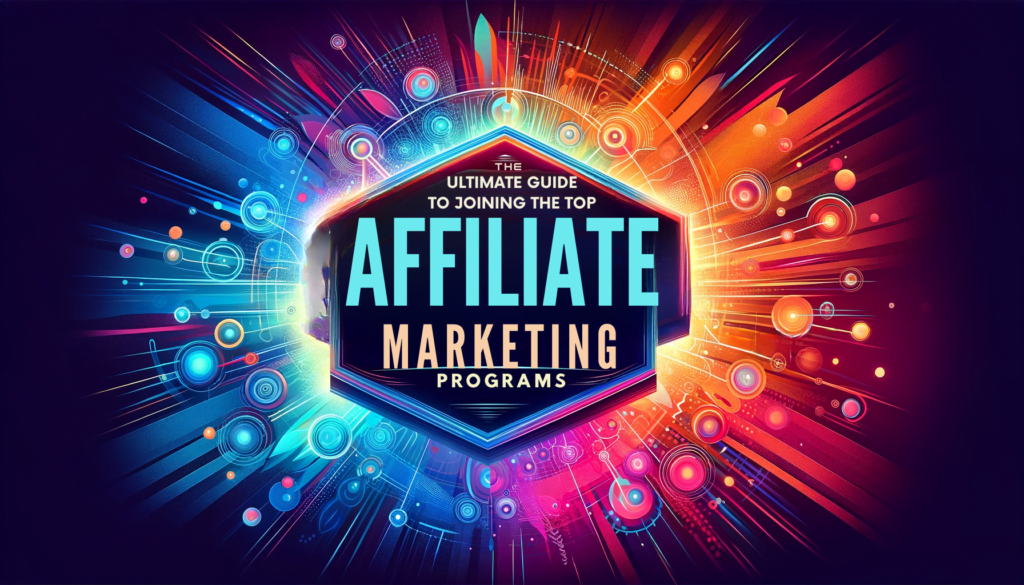 The image is a digital graphic designed for use as an article cover. It features the title "The Ultimate Guide to Joining the Top Affiliate Marketing Programs" prominently displayed in the center in a large, stylish font. The background is vibrant and colorful, with abstract designs and patterns that suggest digital connectivity and success, in line with the theme of affiliate marketing. The overall design is eye-catching and professional, with a blend of colors that make the text stand out while also conveying a sense of modern digital enterprise. The dimensions of the image are suitable for a widescreen format.