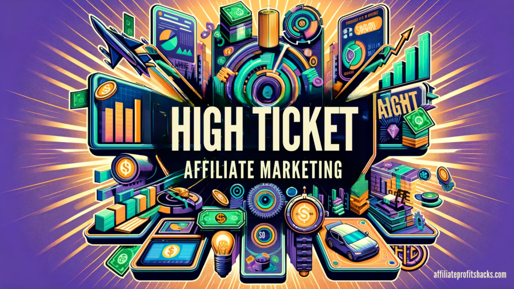 "An image depicting the concept of high ticket affiliate marketing with prominent text 'High Ticket Affiliate Marketing' set against a subtle, professional background featuring symbols of wealth and digital marketing."
