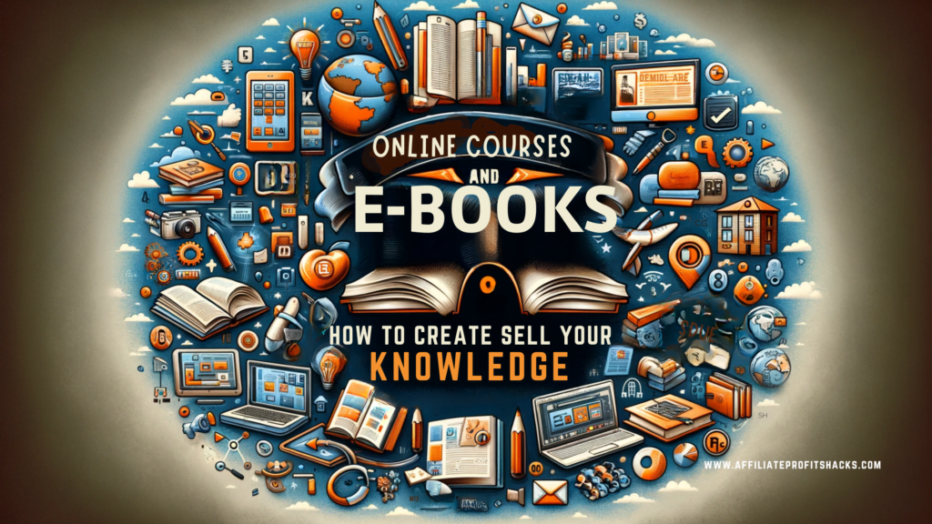 The image prominently features the title "Online Courses and Ebooks: How to Create and Sell Your Knowledge" in large, visually appealing text. The background is themed around online learning and digital education, incorporating elements such as digital devices, ebooks, online videos, and symbols representing knowledge and education. The design is modern and engaging, suitable for use in digital marketing, presentations, or educational materials.