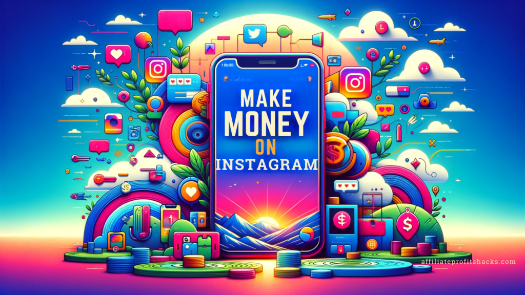 "Colorful illustration showcasing 'Make Money on Instagram' theme with Instagram app and engagement symbols."