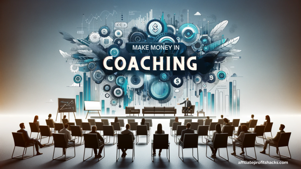 "Inspirational coaching scene with the text 'Make Money in Coaching' highlighted."