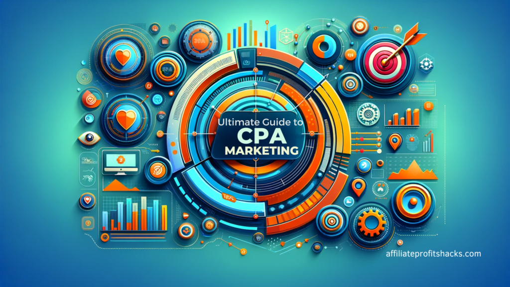 Modern and vibrant promotional image for the article 'The Ultimate Guide to Cost-Per-Action CPA Marketing', featuring the title with marketing and strategy symbols.