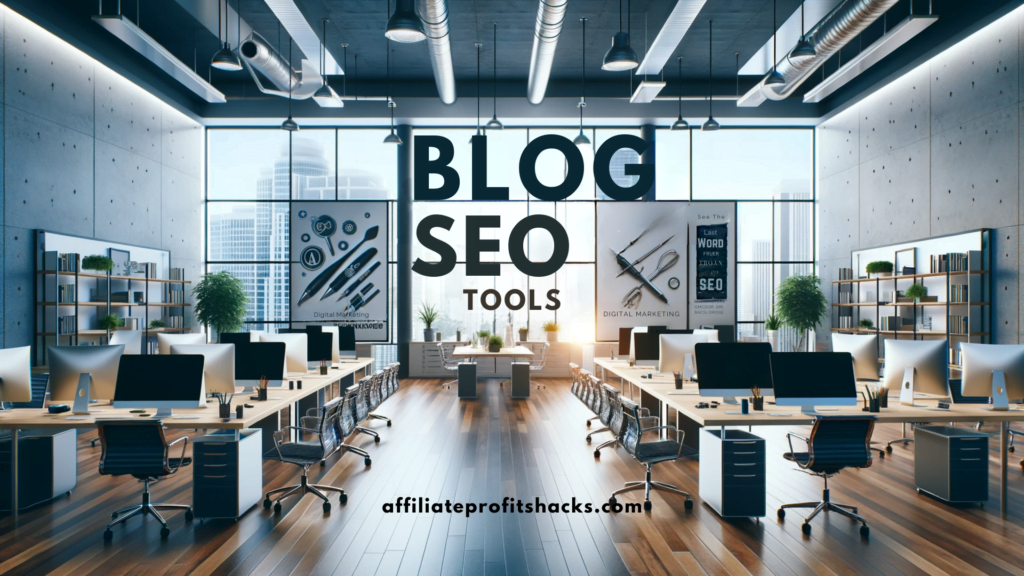 "Blog SEO Tools" text prominently displayed in a modern office environment