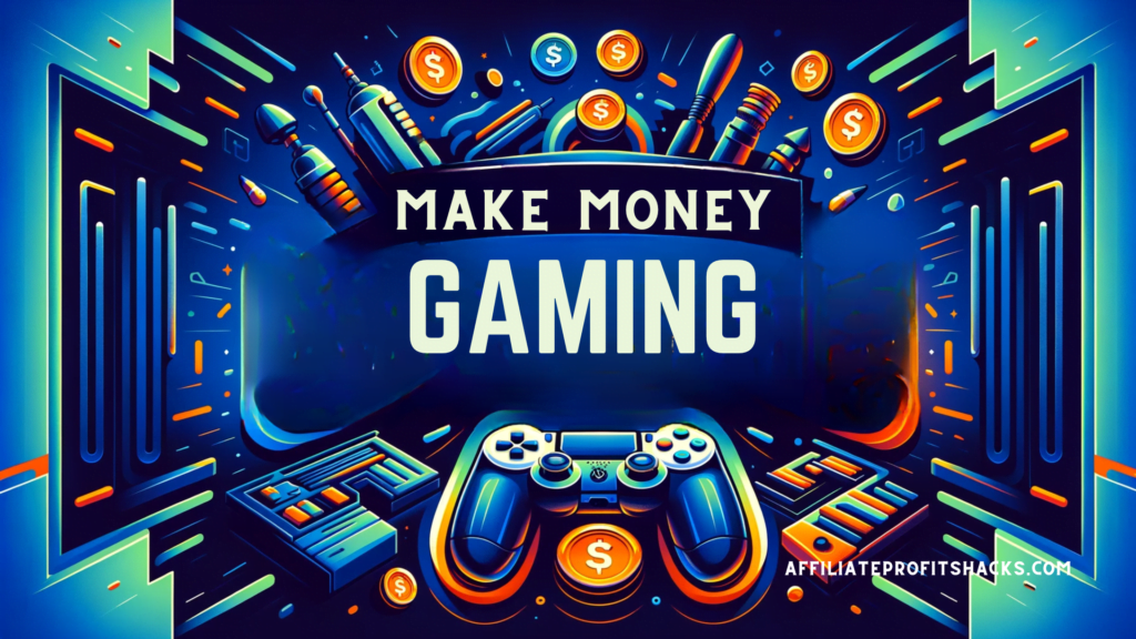 Bold text 'make money gaming' with gaming-themed background