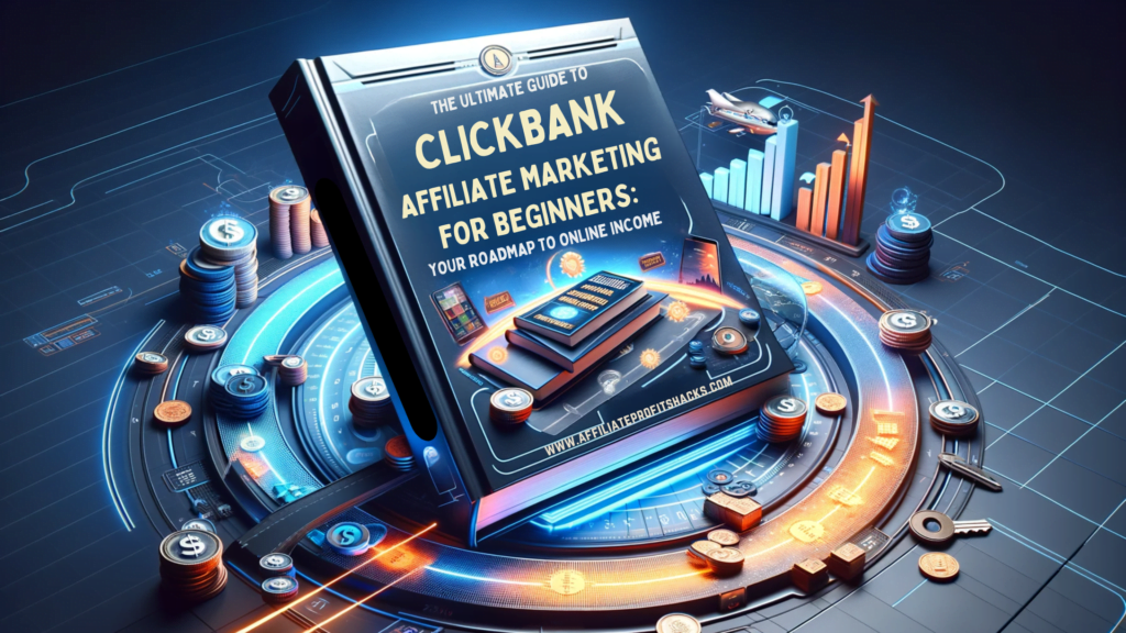 A sleek and modern digital art piece representing 'The Ultimate Guide to ClickBank Affiliate Marketing for Beginners.' The image prominently features the title in bold, clear font against a roadmap-themed background, symbolizing the journey of affiliate marketing. It includes elements like digital products, affiliate links, and graphs indicating income growth, creating an inspiring and engaging visual for beginners in ClickBank affiliate marketing.