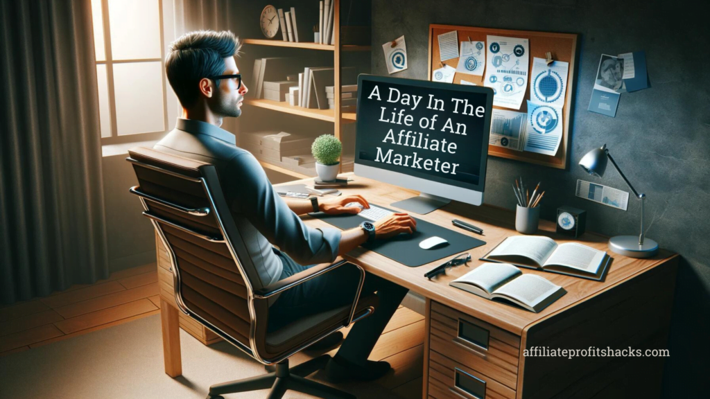 Male affiliate marketer working in a modern home office with the text "Affiliate Marketing Unveiled" displayed prominently.