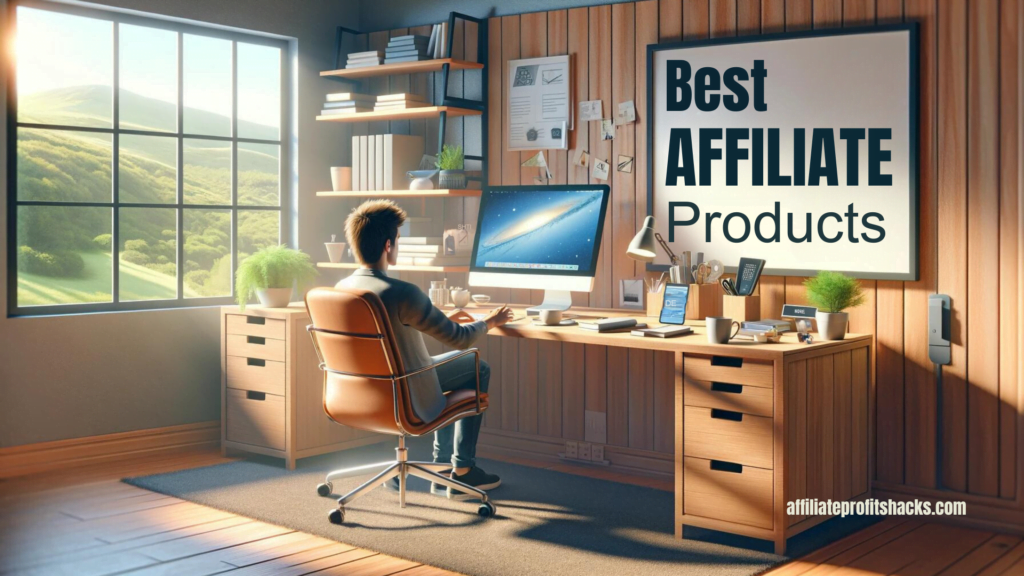 "Home office setting with 'Best Affiliate Products' text prominently displayed"