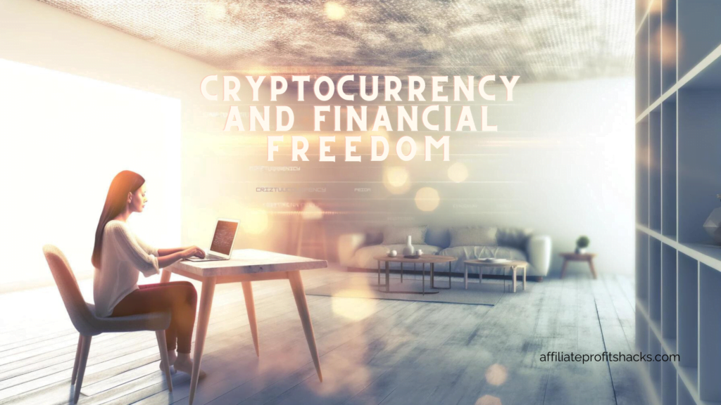 A woman sitting at a desk in front of her laptop in a cozy, well-lit room with the text "Cryptocurrency and Financial Freedom" displayed prominently above her.