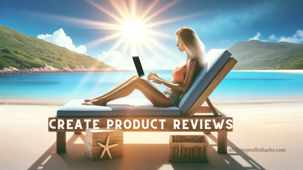 "Woman writing product reviews on a laptop at the beach"