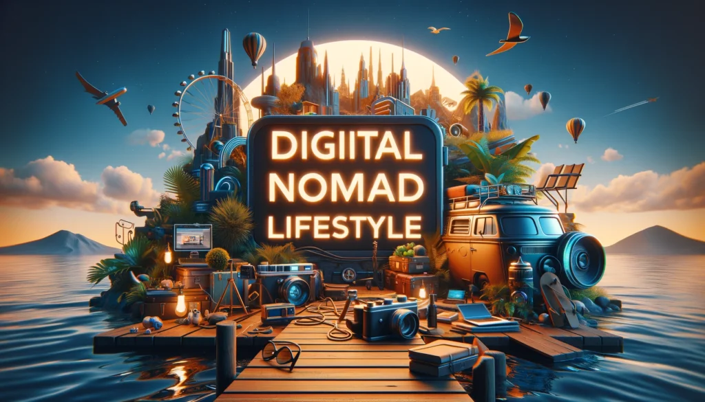 A vibrant 3D billboard display featuring the phrase "digital nomad lifestyle" in bold letters, set against a backdrop that blends elements of travel, nature, and remote work.