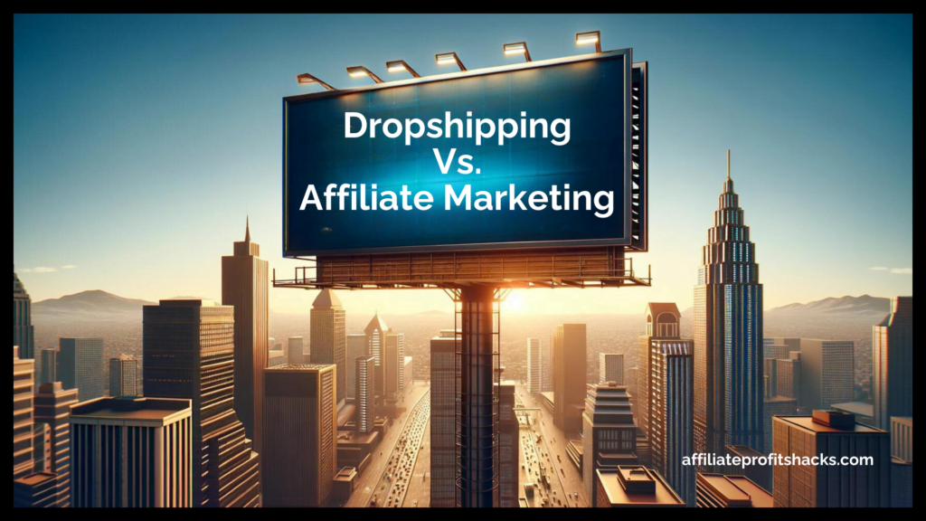 A billboard featuring the text "Dropshipping Vs. Affiliate Marketing" against a backdrop of a daytime cityscape.