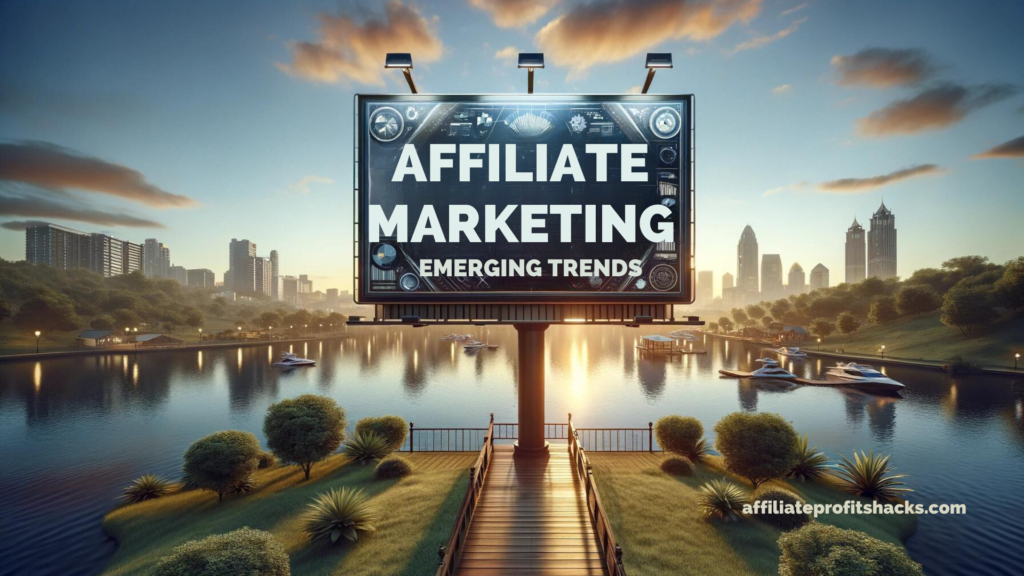 A billboard with the text "affiliate marketing emerging trends" in front of an urban cityscape at dusk.