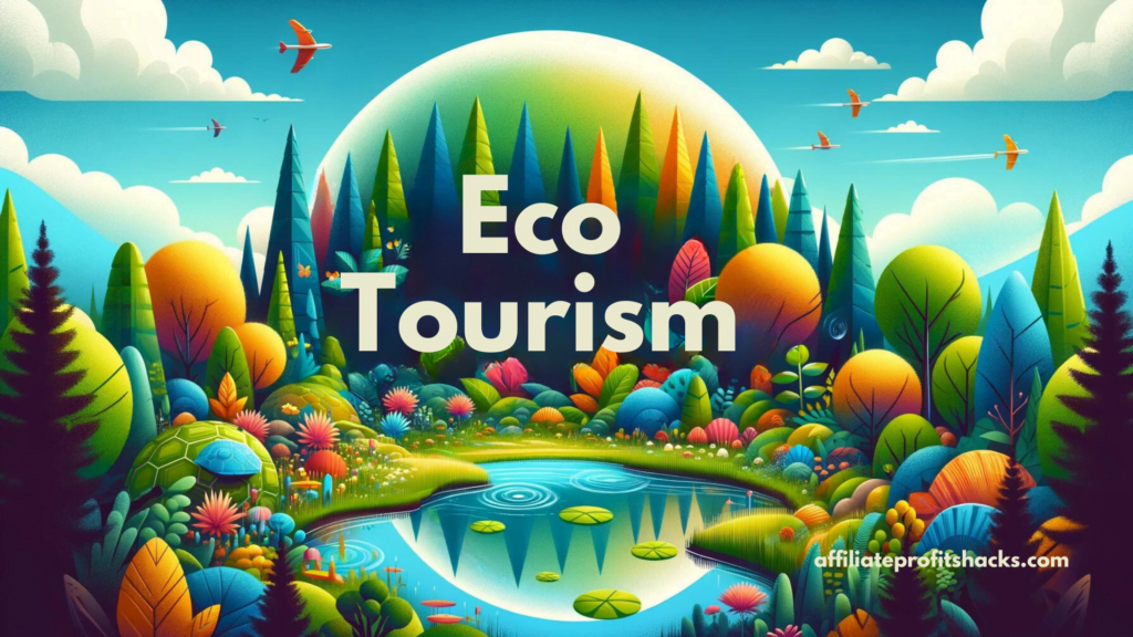 Colorful illustration featuring the text "eco tourism" surrounded by vibrant depictions of nature, including forests, water, and wildlife, under a clear sky.