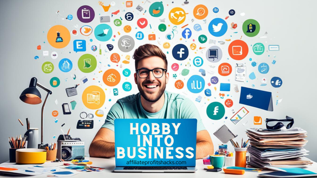 "Happy young man with glasses sitting at a desk surrounded by colorful icons of hobbies and social media symbols, with a laptop screen displaying the text 'HOBBY INTO BUSINESS' and the website 'affiliateprofitshacks.com.'"