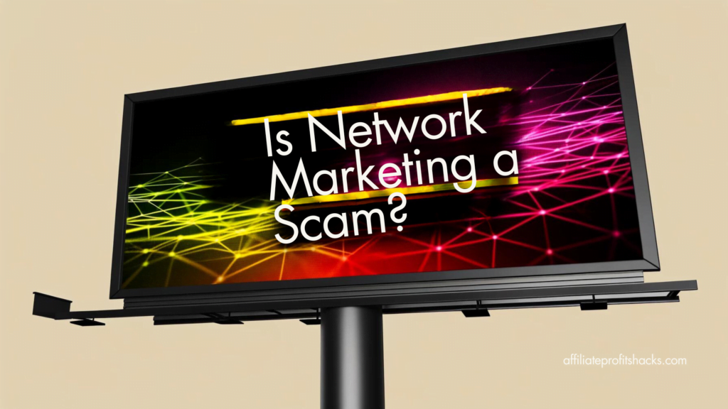 "Billboard question 'Is Network Marketing a Scam?' against a colorful background"