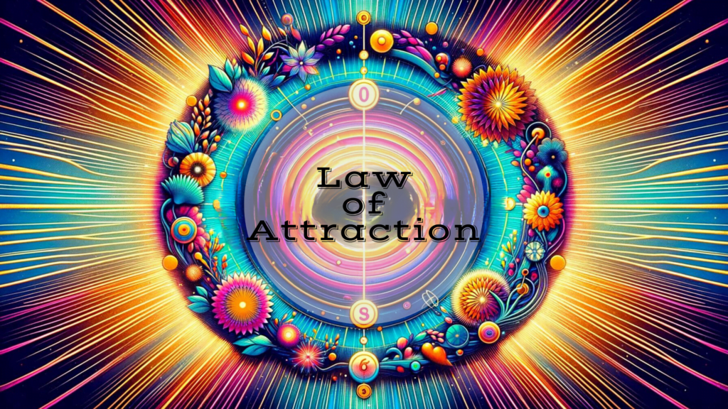 "Colorful and inspiring image with the text 'Law of Attraction' at the center."