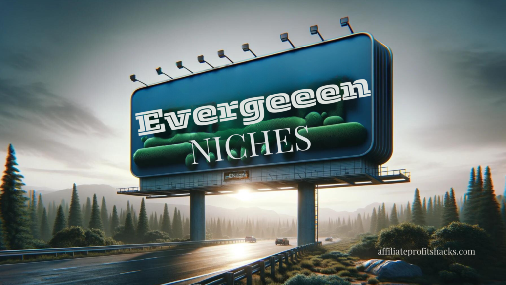 "Evergreen Niches" text displayed prominently on a 3D billboard against a modern background.