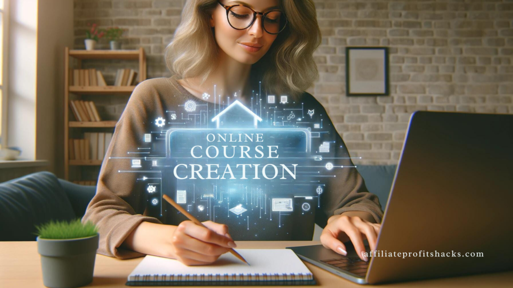 Woman creating an online course on her laptop.