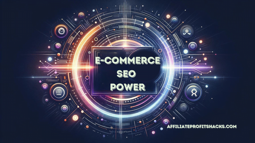 Illustration of "E-commerce SEO Power" text with a professional, growth-oriented design.