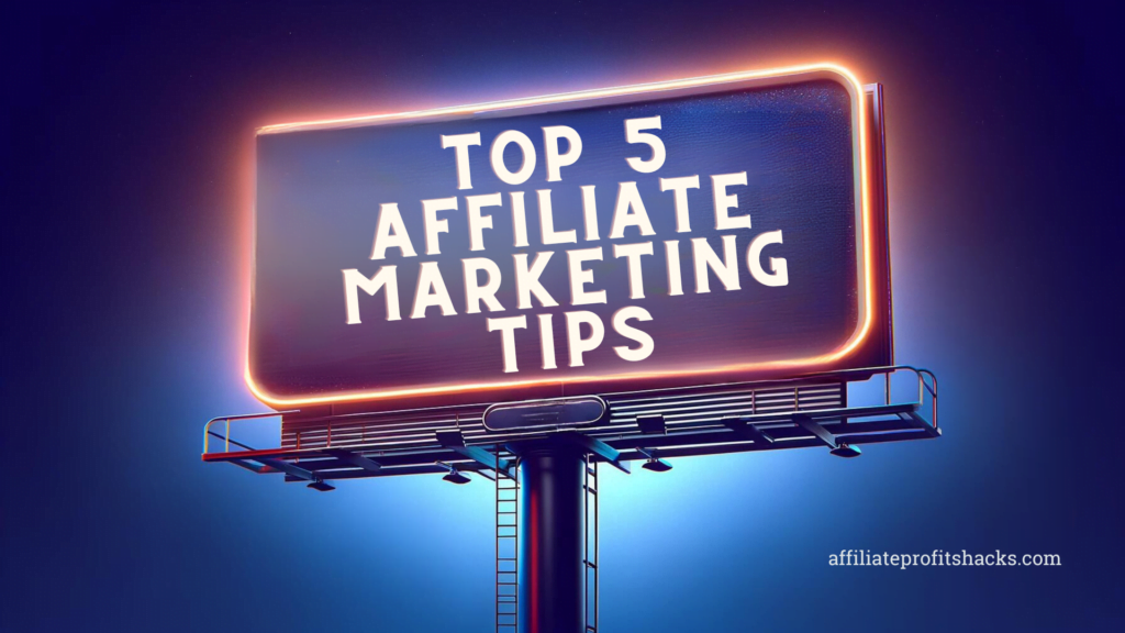 Image showcasing the text "Top 5 Affiliate Marketing Tips" on a billboard style sign, symbolizing key strategies for affiliate marketing success.