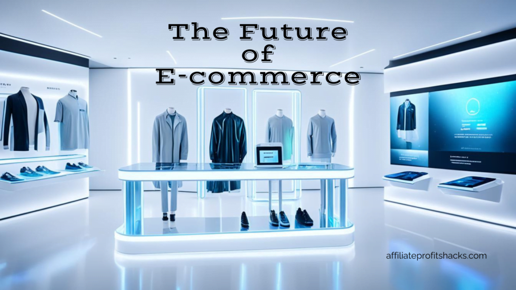 A futuristic e-commerce retail space with sleek design and interactive displays showcasing clothing and shoes, with the text "The Future of E-commerce" and a website "affiliateprofitshacks.com" displayed on the screen.