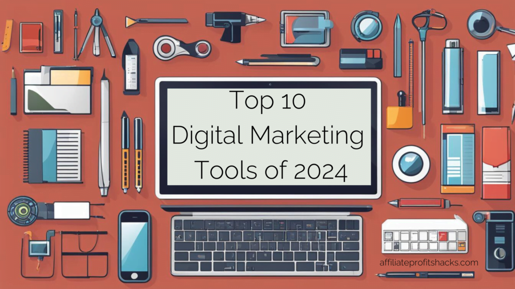An illustration featuring a variety of office and tech items arranged around a central tablet displaying the text "Top 10 Digital Marketing Tools of 2024" on its screen, with a URL "affiliateprofitshacks.com" at the bottom.