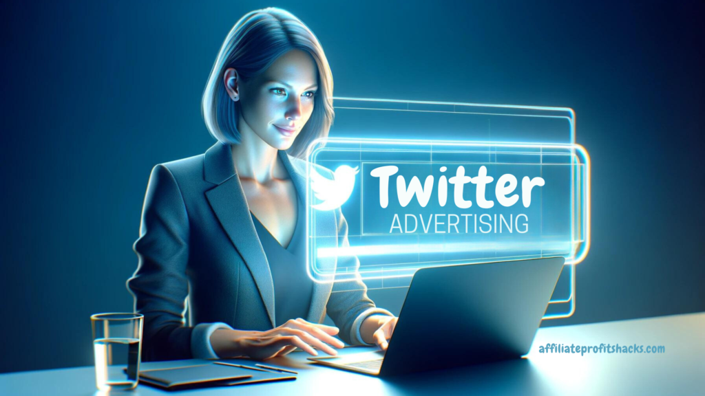 Professional woman over 30 using a laptop with "twitter advertising" prominently displayed on a 3D sign.