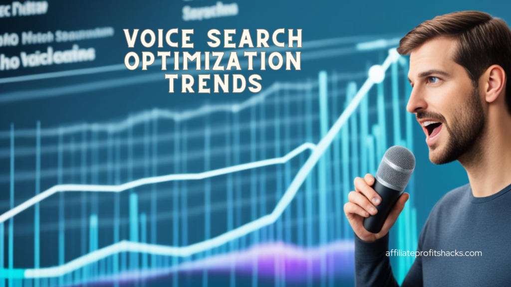 A man holding a microphone with the text "VOICE SEARCH OPTIMIZATION TRENDS" superimposed over a background featuring an upward trending graph.