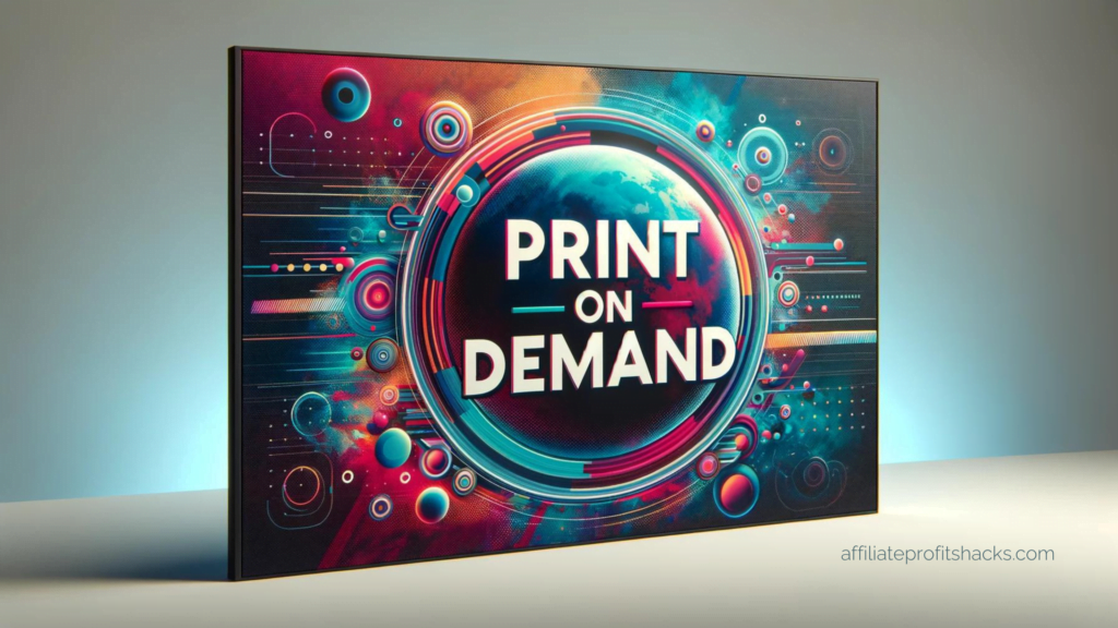 "The words 'print on demand' displayed prominently in a vibrant, creative background, symbolizing the dynamic nature of the POD industry."