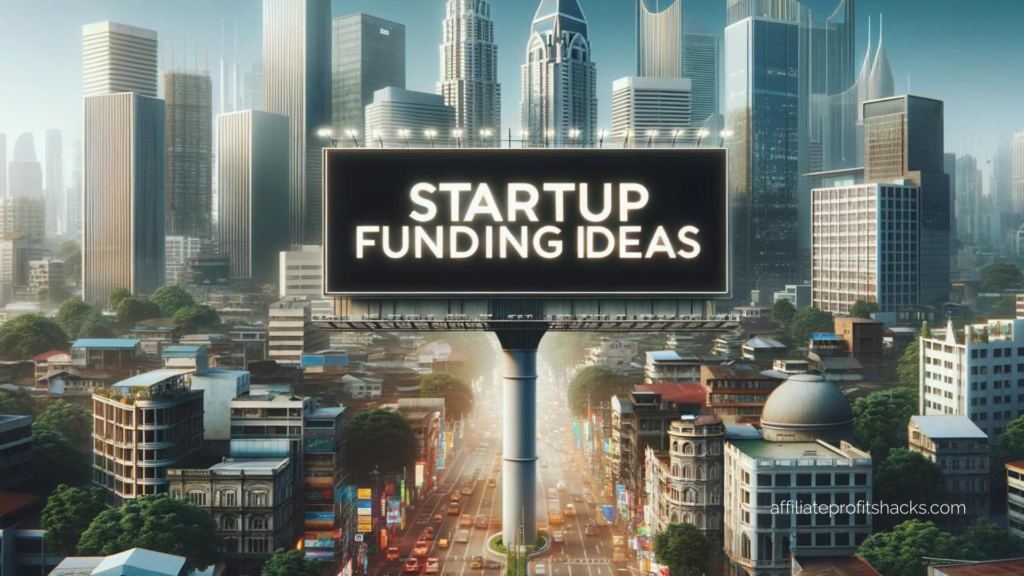 "Billboard with 'Startup funding ideas' text in front of a daytime cityscape."