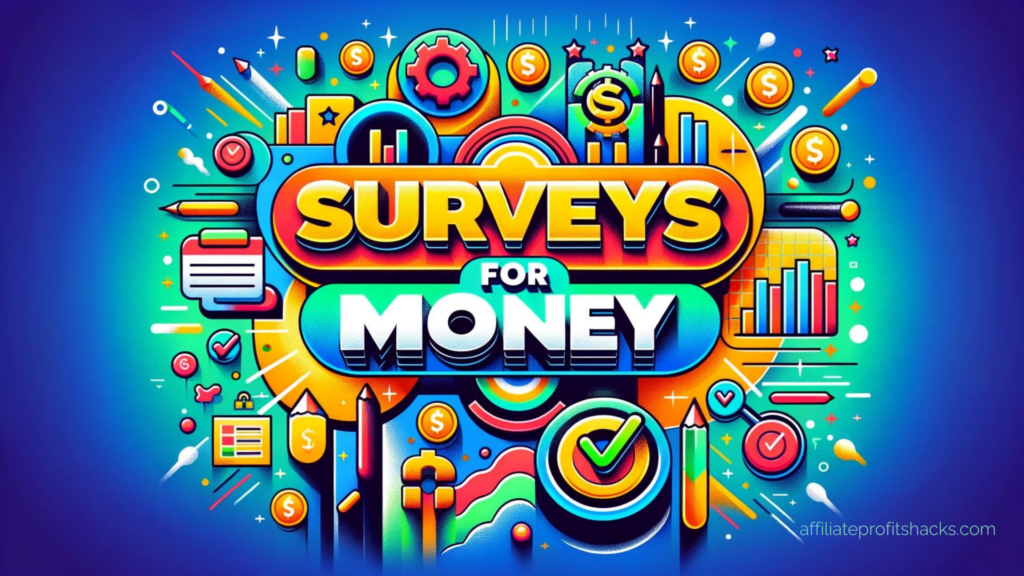 "Colorful image with the text 'Surveys for Money' highlighted, surrounded by icons representing money and surveys."