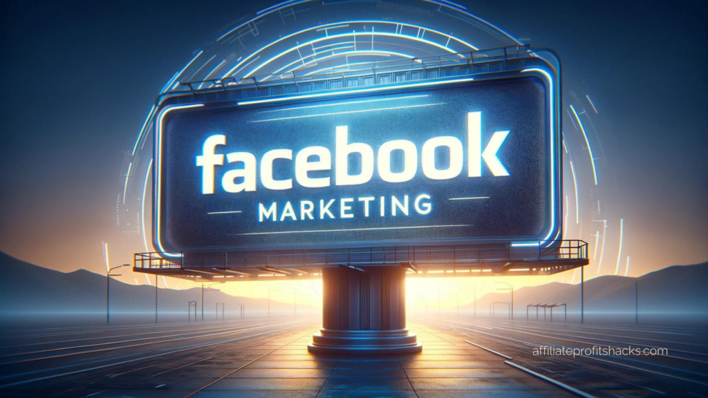 "Facebook Marketing" text displayed prominently on a 3D billboard against a visually appealing background.
